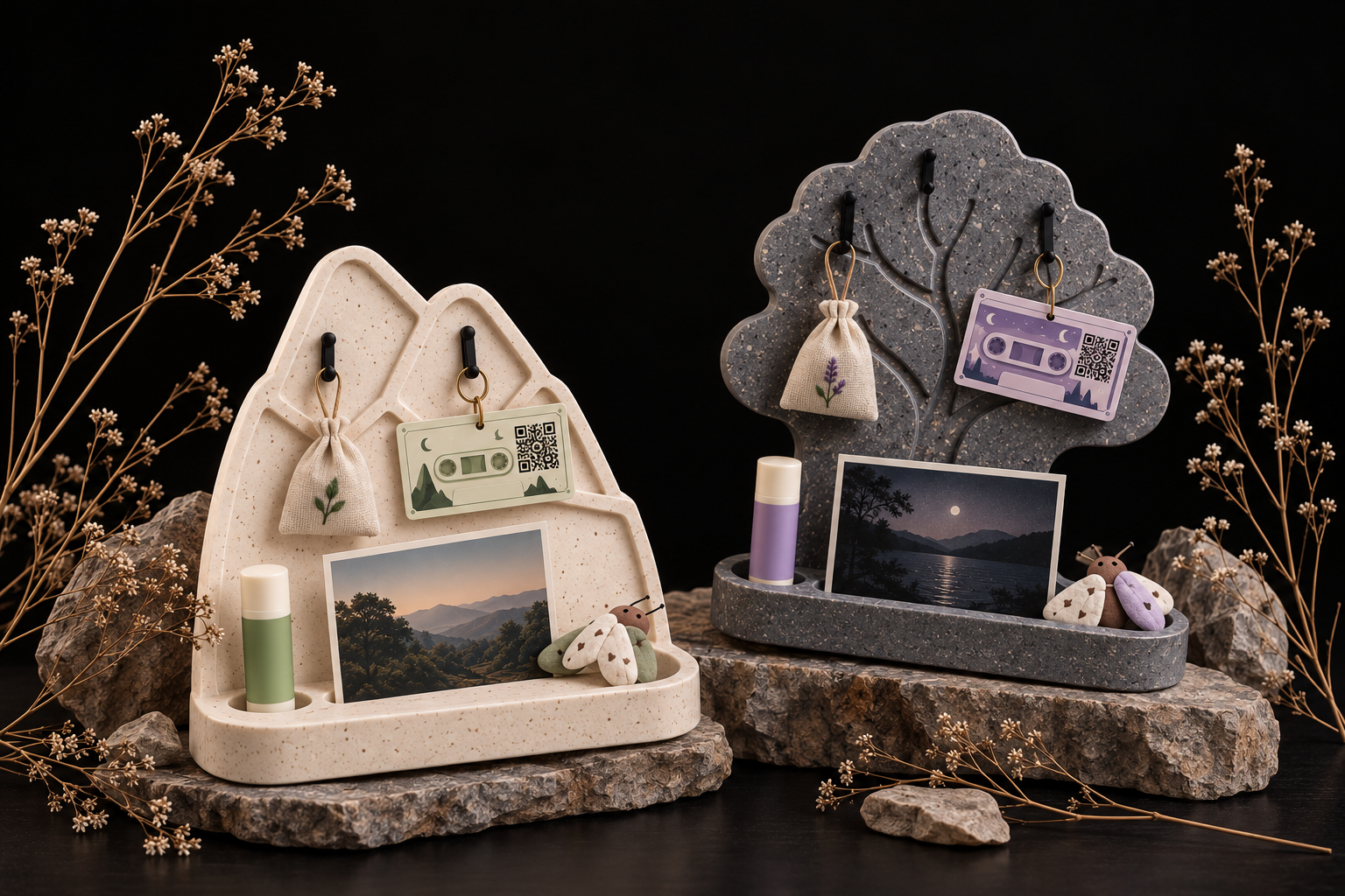Mountain and tree forms of the Hing Hoi Modern Altar with scent pouches, inhalers, sight cards and cassette cards